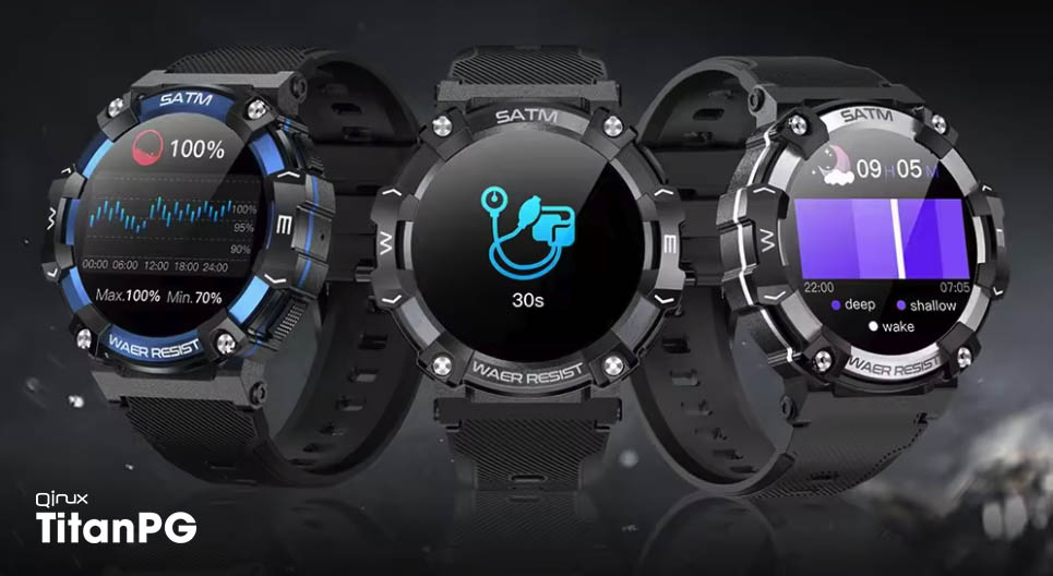 Qinux Titan PG smartwatch showing blood oxygen, heart, and sleep quality